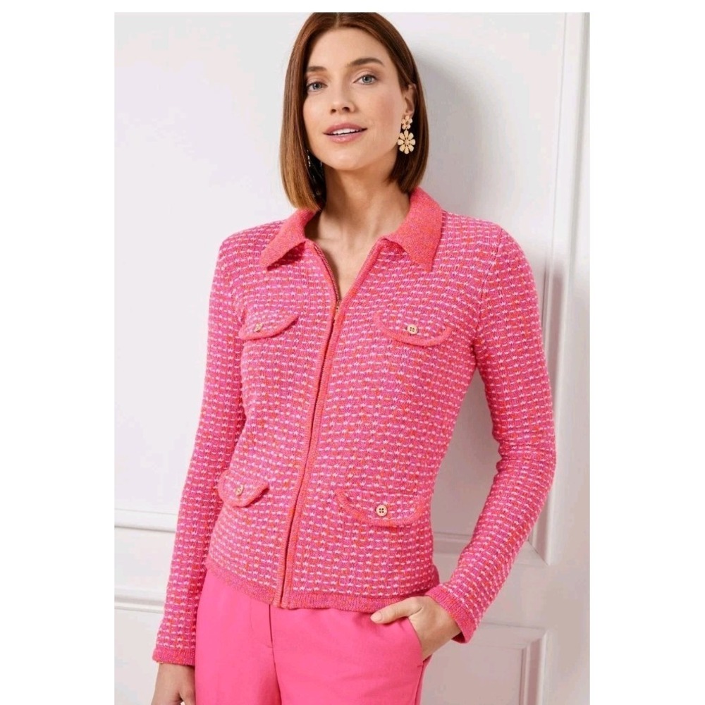 NWT Talbots Plus Women's Zip-Up Pink Orange White Knit Cadigan Jacket Sz 3X